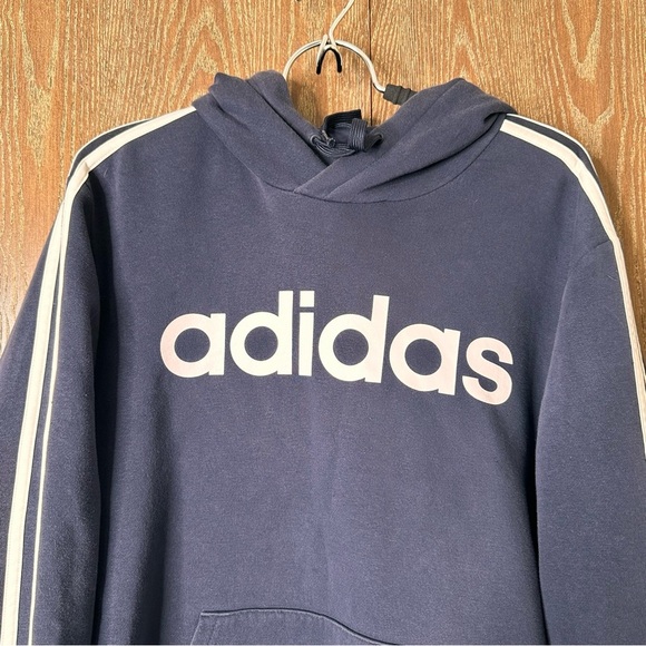 Adidas Hoodie Men Lg Navy Essentials 3 Stripe Pullover Sweatshirt Long Sleeve - Picture 4 of 11